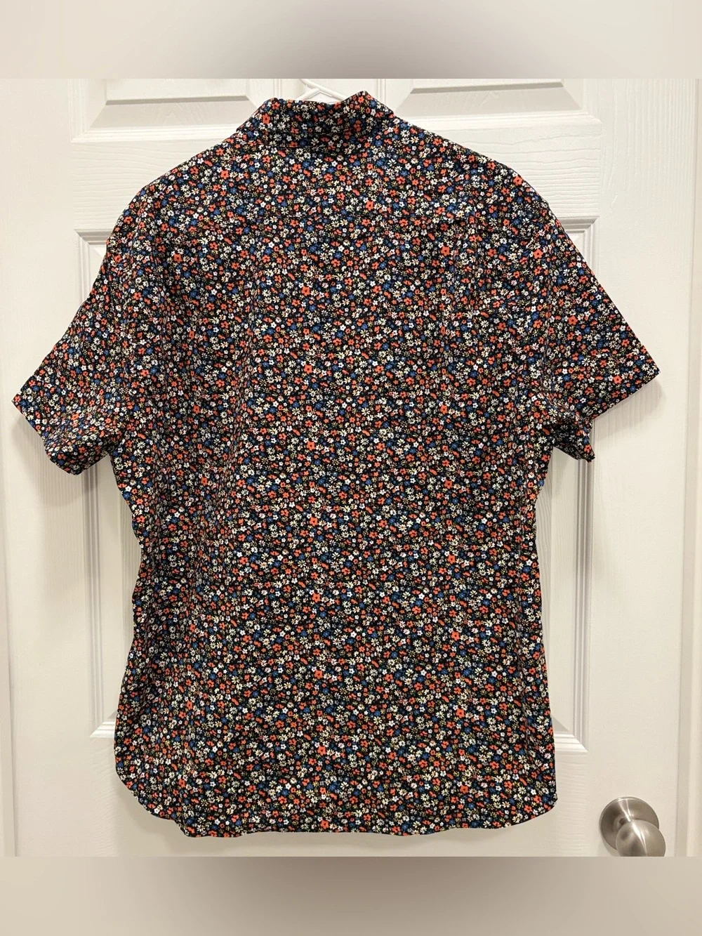 J. Crew Navy Floral Short Sleeve Button-Down Shirt with Red & White Accents